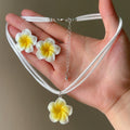 White Yellow Plumeria Cord Necklace Earring Two-Piece Set view 6