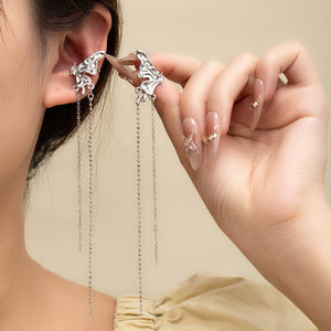 Silver-Tone Alloy Butterfly Ear Clips with Triple Chain Tassels