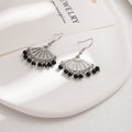 Silver Tone Fan Black Bead Fringe Long Hook Earrings view 2