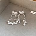 Silver Bow Pearl Tassel Stud Earrings Fashion Jewelry view 6