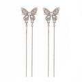 Silver Butterfly Clear Stone Twin Chain Tassel Stud Earrings view 5