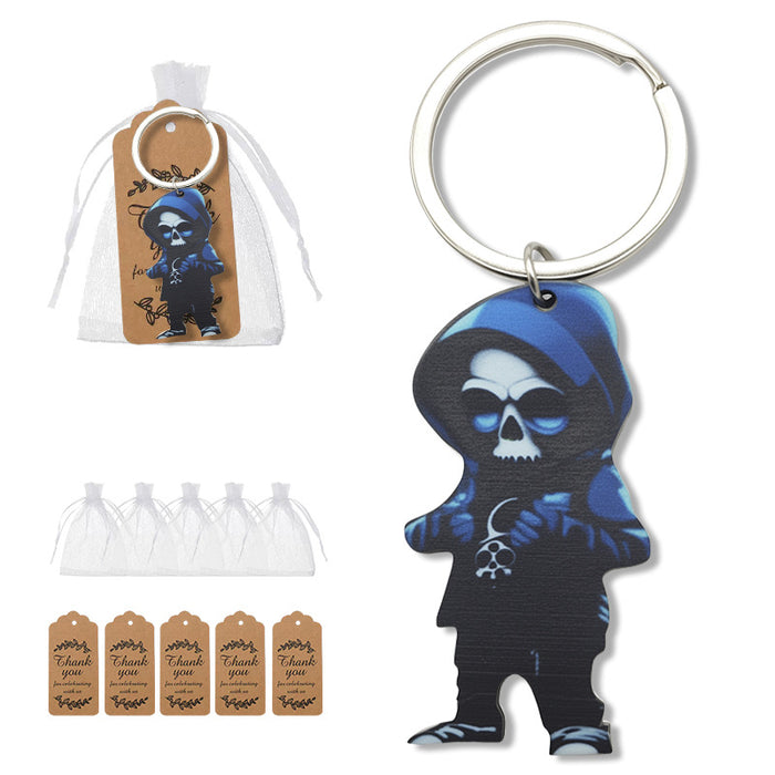 Blue Hooded Grim Reaper Wooden Keychain Cartoon Charm