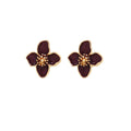 Burgundy Four Petal Flower Gold Tone Stud Earrings view 5