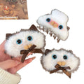 Fluffy White Cat Face Side Hair Clip Blue Eyes Brown Bow view 5