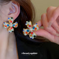 Multicolor Crystal Pearl Flower Clip Earrings and White Necklace view 2