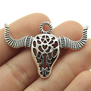 Openwork Bull Skull Pendant Charm in Antique Bronze and Antique Silver Metal