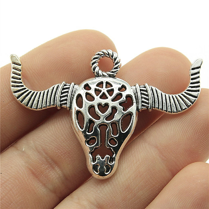 Openwork Bull Skull Pendant Charm in Antique Bronze and Antique Silver Metal