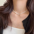 White Pearl Bead Choker Necklace Silver Bow Accents view 1