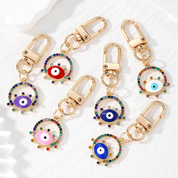 Gold Tone Rhinestone Round Evil Eye Clip Keychains in Six Colors