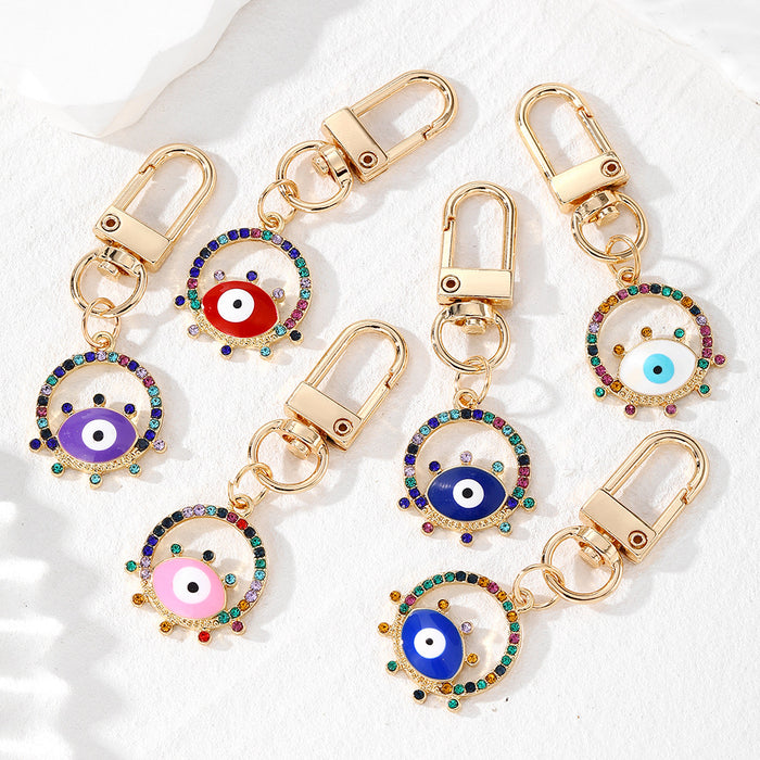 Gold Tone Rhinestone Round Evil Eye Clip Keychains in Six Colors