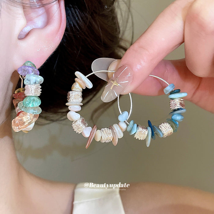 Shell Chip and Bead Hoop Earrings in Three Color Mixes