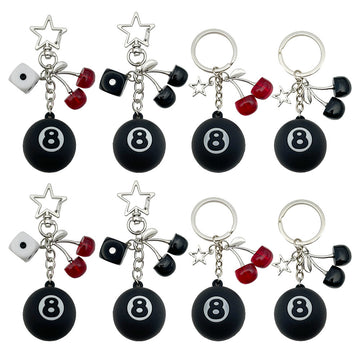 Black 8 Ball Keychains with Dice and Cherry Charms, 4 Styles
