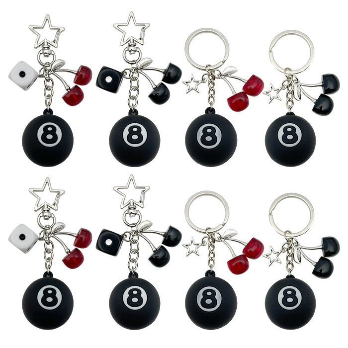 Black 8 Ball Keychains with Dice and Cherry Charms, 4 Styles