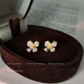 Mini Gold Tone Pave Clear Stone Flower Stud Earrings