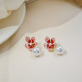 Peach and Blue Enamel Look Flower Pearl Drop Stud Earrings view 4