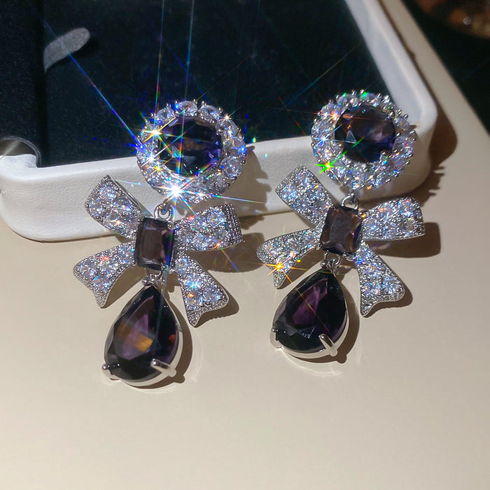 Purple Crystal Bow and Teardrop Statement Earrings