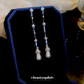 Silver Tone Crystal and Pearl Drop Earrings with Long Chains view 2
