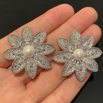 Pearl Center Crystal Flower Statement Stud Earrings