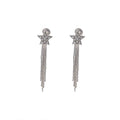 Clear Star Silver Tone Extra Long Tassel Clip Earrings view 5