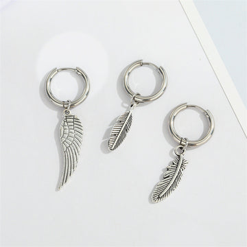 Single Stainless Steel Wing and Feather Charm Huggie Earrings