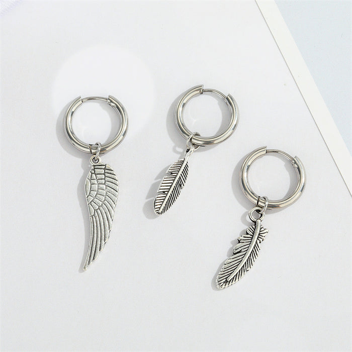 Single Stainless Steel Wing and Feather Charm Huggie Earrings