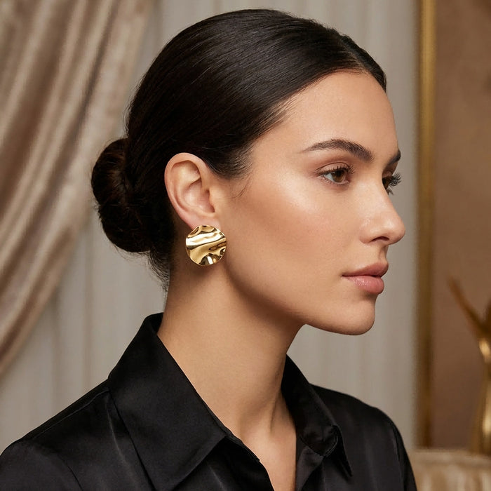 Gold Tone Hammered Round Disc Oversized Stud Earrings