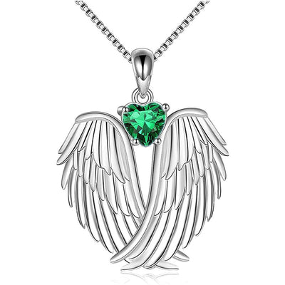 Green heart angel wings silver pendant front on white background