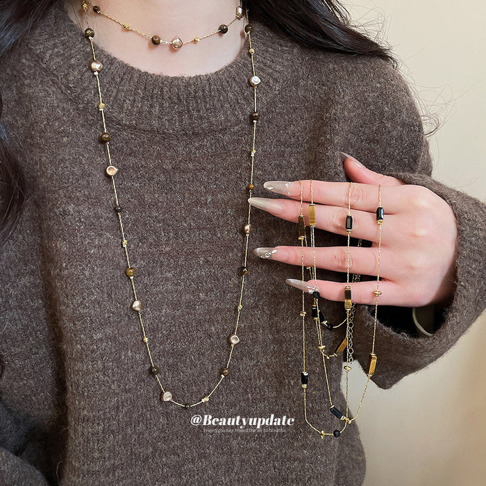 Layered Brown Bead Necklace with Gold Tone Chain Details