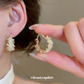 Gold Tone Crystal Paved Floral Statement Hoop Earrings view 1
