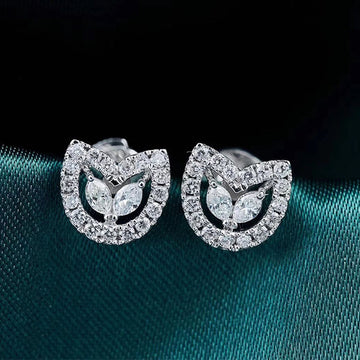 Crystal Cat Face Stud Earrings in Silver Tone with Clear Crystal Details