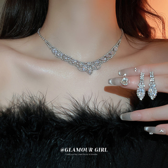 Silver Tone Crystal Crescent Necklace and Stud Earring Set