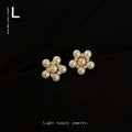 Gold Tone Pearl Flower Stud Earrings Clear Crystal Accents view 4