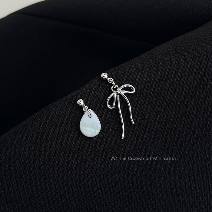 Asymmetric Silver Bow Shell Drop Earrings Mismatched Pair
