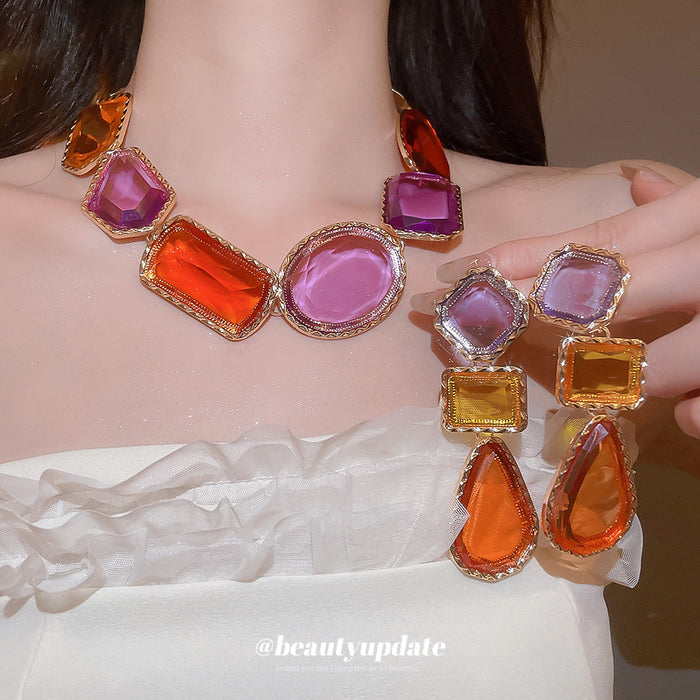 Gold Geometric Resin Statement Necklace Drop Earrings Set