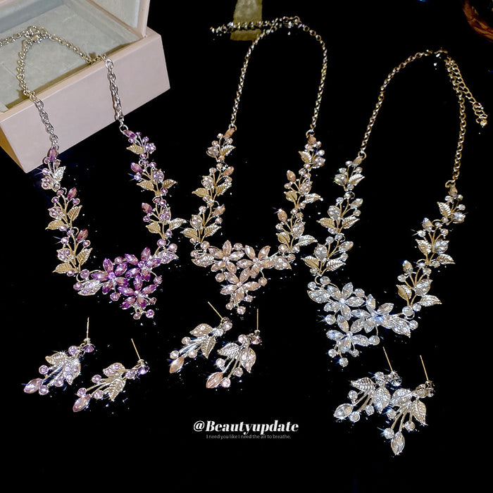 Rhinestone Leaf Flower Necklace Earring Set Three Colors