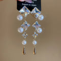 Blue White Crystal Diamond Pearl Long Drop Stud Earrings view 6