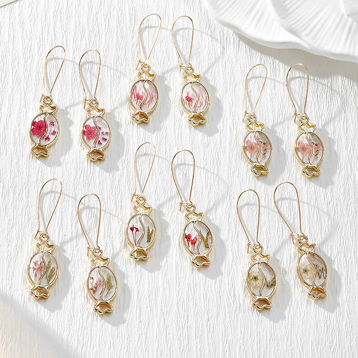 Gold Tone Candy-Shaped Pressed Flower Drop Earrings in Six Designs