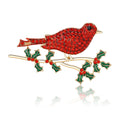 Red Rhinestone Bird Brooch Gold Branch Green Holly Leaves Pin view 5