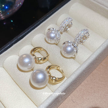 Silver Tone Textured Hoop and Large Pearl Drop Earrings