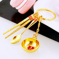 Golden Rice Bowl, Chopsticks and Spoon Keychains with Braided Wrist Loops view 2