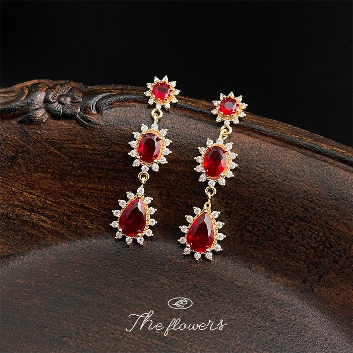 Red Three Tier Cascading Drop Earrings Clear Halo Gold