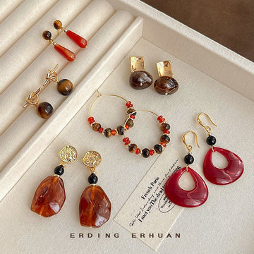 Gold Tone Tiger Eye Brown Amber Drop Hoop Earrings Mix