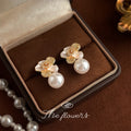 Gold Camellia Pearl Drop Pavé Flower Stud Earrings view 3