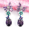 Purple Flower Enamel Oval Drop Earrings Silver Tone view 3