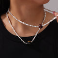 Silver Chip Bead Necklace Center Tiger Eye Round Stone view 1