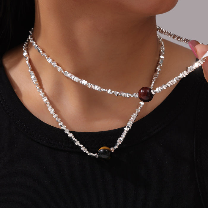Silver Chip Bead Necklace Center Tiger Eye Round Stone