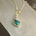 Gold Tone Square Green Stone Pendant Necklace CZ Halo view 5