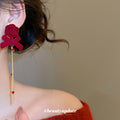 Red Flocked Rose Bow Tassel Drop Earrings Fashion Jewelry view 3