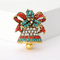 Rhinestone Christmas Bell Brooch Red Green Bow Gold Tone view 6