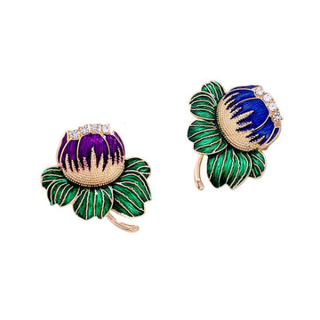 Blue and Purple Lotus Green Leaf Gold Tone Metal Brooch Pin